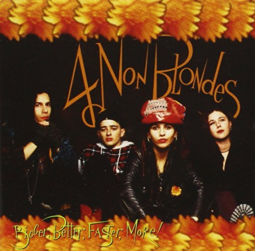 The four members of 4 Non Blondes pose against a dark background with leaf borders.