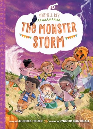 Children face a swirling storm with pumpkins and a black bird.