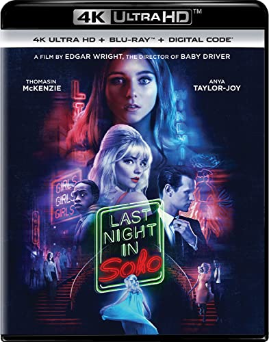 “Last Night In Soho” Blu-ray cover with two women and neon lights.