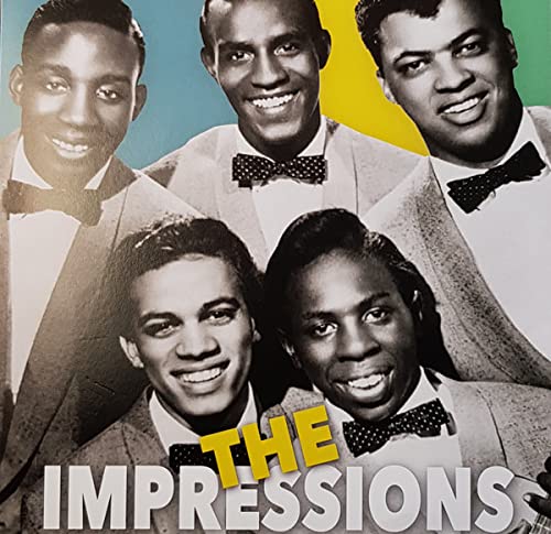 Five smiling men in suits and bow ties, album cover for The Impressions.