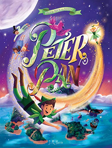 Once Upon a Story: Peter Pan" book cover with flying characters and islands.