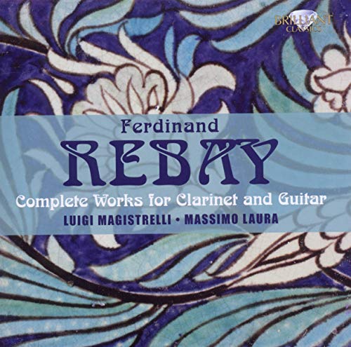 CD cover for “Rebay: Complete Works for Clarinet & Guitar” with floral design.