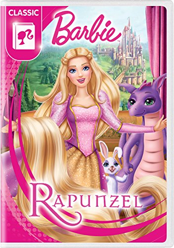 Barbie as Rapunzel DVD cover with long blonde hair, dragon, and bunnies.