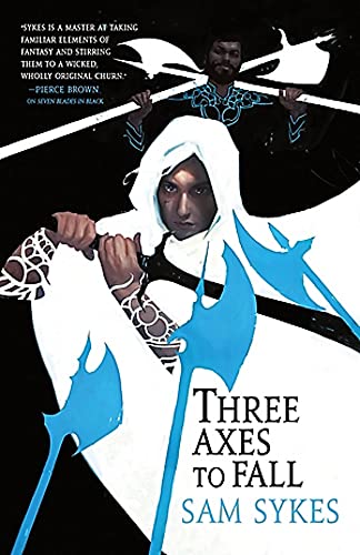 A hooded figure and a man holding axes on a black and white cover.