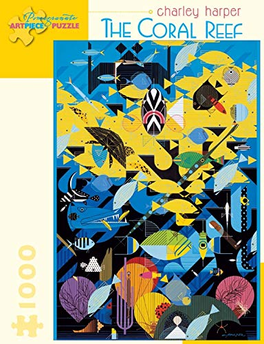 Charley Harper puzzle box featuring a stylized, geometric illustration of colorful coral reef fish.
