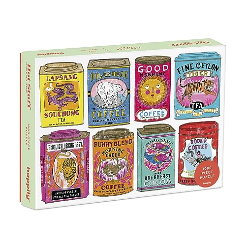 Hot Stuff / 1,000 Piece Jigsaw Puzzle for Adults from Happily featuring an illustrations of vintage coffee & tea tins by Charlotte Farmer