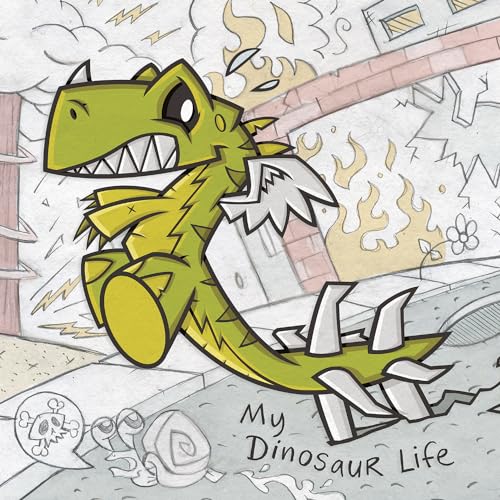 Cartoon green dinosaur with flames and rubble, album cover art.