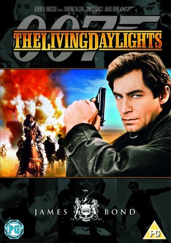 DVD cover for “The Living Daylights” featuring James Bond with a gun.