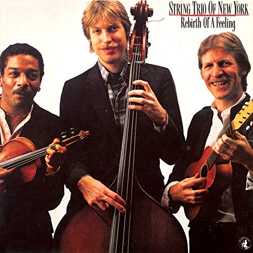 Three musicians with string instruments on the album cover "Rebirth of a Feeling".