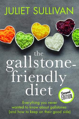 Book cover with healthy food images and a gallstone illustration on a plain background.
