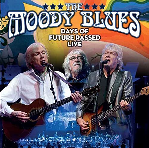 Moody Blues album cover featuring three musicians with instruments.