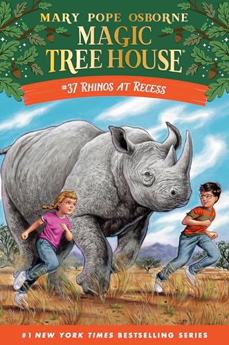Book cover: two children running from a large rhinoceros.