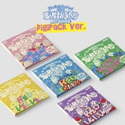Red Velvet “Birthday” album covers in pink, blue, yellow, green, and purple.