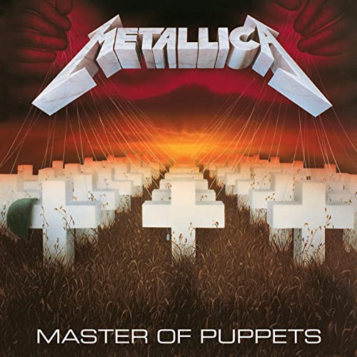 Metallica’s “Master of Puppets” album cover with crosses and hands above.