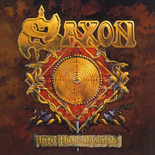Saxon album cover, “Into The Labyrinth”, featuring gold lettering and a labyrinth design.