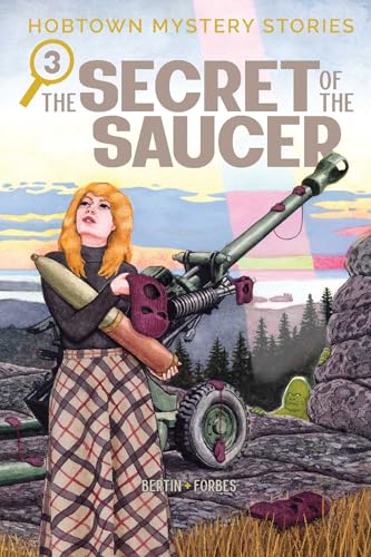 Book cover: woman with raygun, landscape, and title “Secret of the Saucer.”