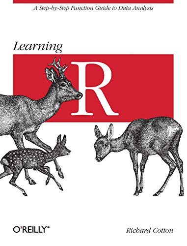 Book cover for Learning R featuring a large letter R and three deer illustrations.