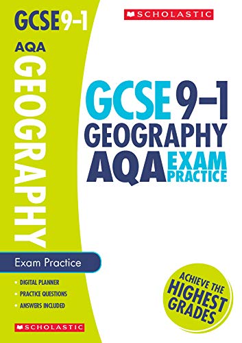 Green and white AQA GCSE Geography exam practice book cover.