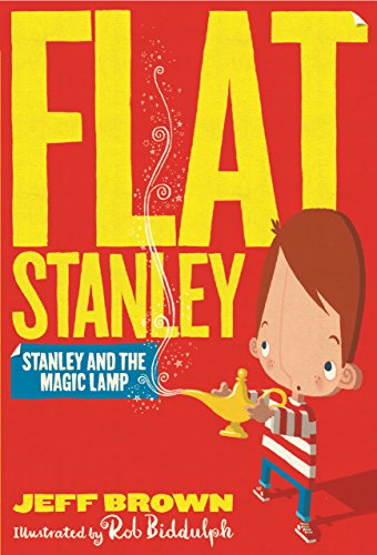 Book cover: Flat Stanley and a golden magic lamp on red background.