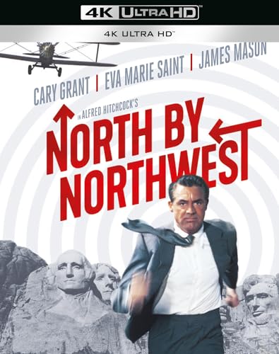 North by Northwest 4K Ultra HD movie cover featuring Cary Grant and Mount Rushmore.
