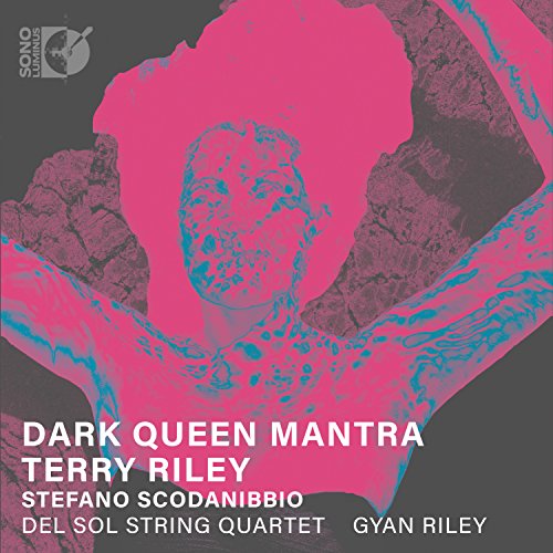 CD cover for Terry Riley’s “Dark Queen Mantra” with abstract pink and blue art.