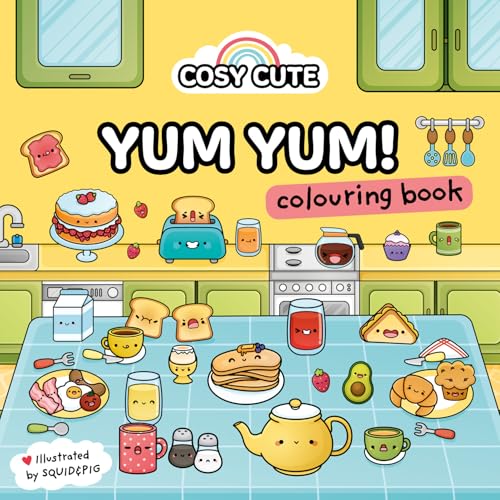 Colouring book cover with cute, anthropomorphic food items on a kitchen counter.