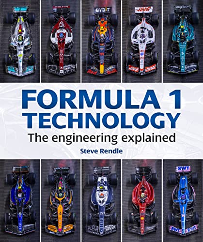 Book cover titled Formula 1 Technology featuring ten Formula 1 cars from above.