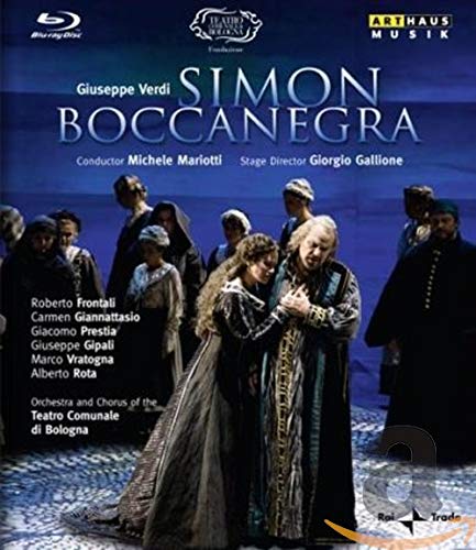 Blu-ray cover for Verdi’s opera *Simon Boccanegra* with performers onstage.