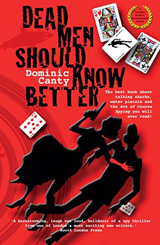 Red book cover with silhouetted figures and playing cards, spy thriller.
