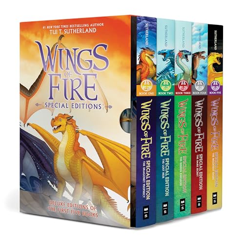 Boxset of five “Wings of Fire” books featuring dragon illustrations.