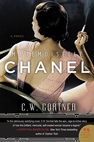 Book cover: woman in pink dress smoking, titled "Mademoiselle Chanel" by C.W. Gortner.