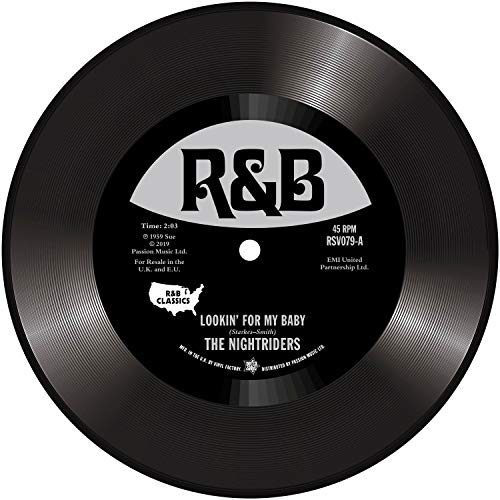 Black vinyl record with a white and black R&B label, text details.