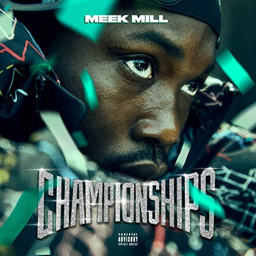 Close-up of Meek Mill, album cover for “Championships” with icy lettering.