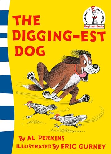 Book cover: a brown dog chases chickens with a bright yellow background.