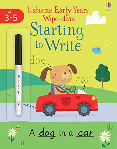 Wipe-clean writing practice book with illustrations of a dog and car.