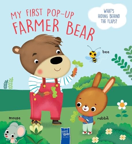 Brown bear farmer with rabbit and mouse, holding carrots, pop-up book.