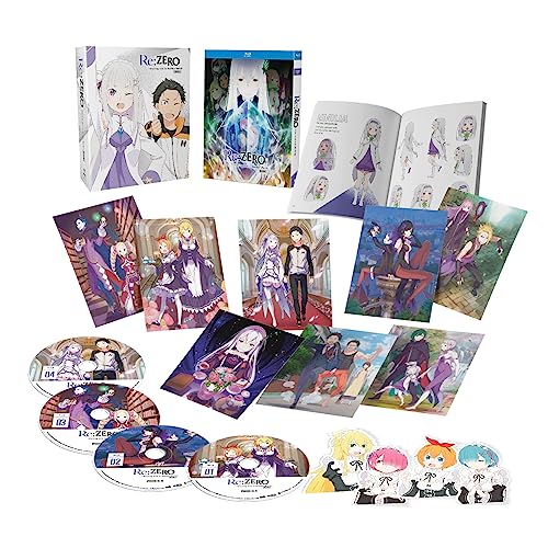Re:Zero Blu-ray set with box, art book, discs, postcards, and character cutouts.