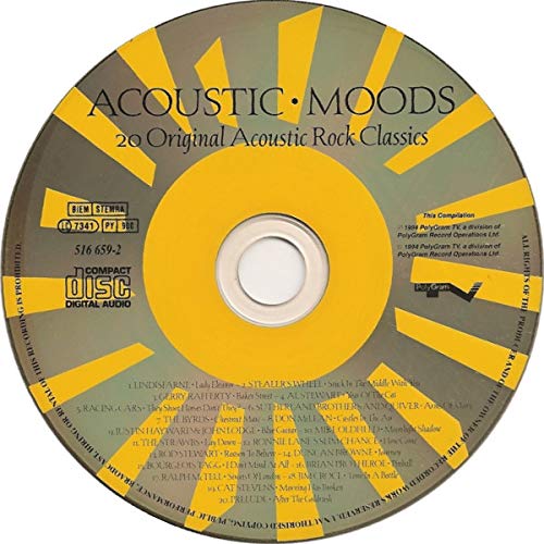 CD with yellow and black spiral design, text reading "Acoustic Moods" and song list.