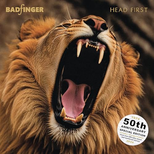 Badfinger’s “Head First” vinyl album cover featuring a roaring lion’s face.