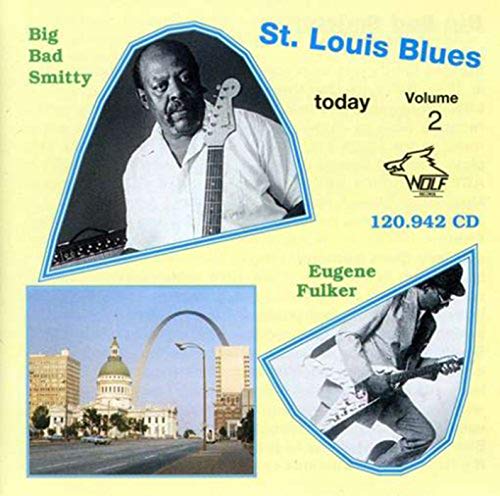 CD cover featuring blues musicians, the St. Louis Arch, and yellow background.
