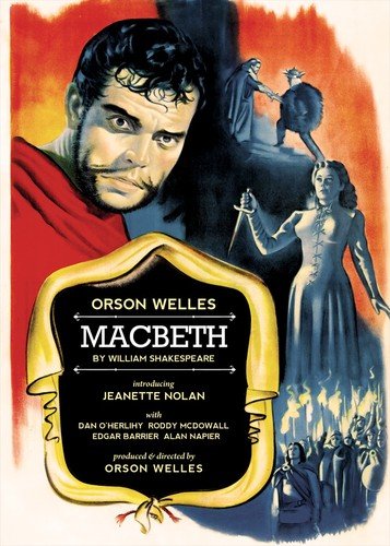 “Macbeth” DVD cover featuring Orson Welles, a dramatic portrait and castle scene.