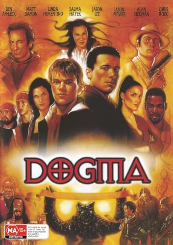 “Dogma” DVD cover featuring a group portrait and fiery background.