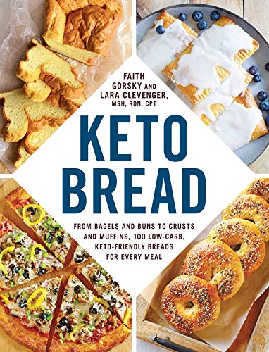Cookbook cover featuring keto bread variations: bagels, pizza, muffins, and loaves.