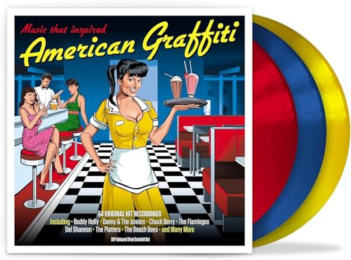 American Graffiti album cover featuring a 1950s diner scene with red, blue, yellow vinyl.