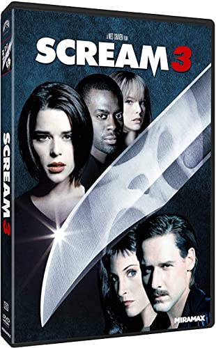 Scream 3" DVD cover featuring cast portraits and a large knife graphic.