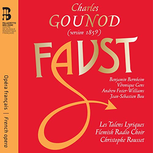Red CD cover for Gounod’s “Faust” opera, featuring gold lettering.