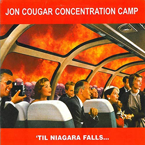 CD cover: passengers look at fiery landscape through a train window.