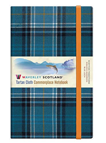 Large notebook with Waverley Scotland tartan cloth cover, 21x13cm, blue and red plaid pattern.