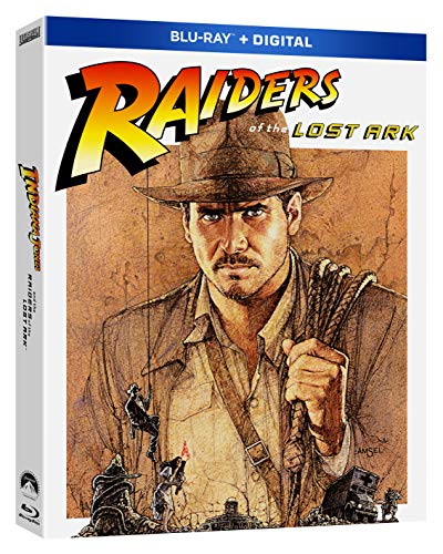 Blu-ray cover for "Raiders of the Lost Ark" featuring Indiana Jones.