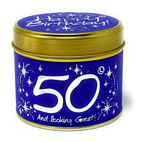 Blue and gold tin candle with white “50” and birthday sparkles.